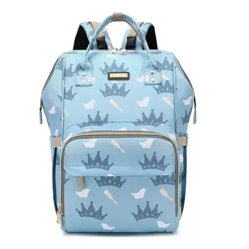Diaper Bag Backpack, Qizlar va o'g'il bolalar uchun taglik sumkalari, Onalar va dadalar uchun chaqaloq sumkalari, Izolyatsiya qilingan cho'ntaklari bo'lgan taglik almashtirish sumkasi, Aravacha tasmali ko'p funktsional suv o'tkazmaydigan ryukzak - Ochiq ko'k toj - DIAPER