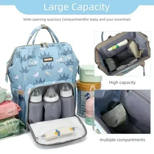 Diaper Bag Backpack, Qizlar va o'g'il bolalar uchun taglik sumkalari, Onalar va dadalar uchun chaqaloq sumkalari, Izolyatsiya qilingan cho'ntaklari bo'lgan taglik almashtirish sumkasi, Aravacha tasmali ko'p funktsional suv o'tkazmaydigan ryukzak - Ochiq ko'k toj - 6