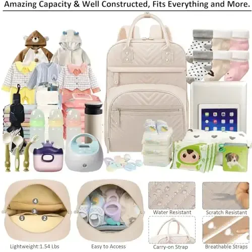 Diaper Bag Backpack Tote for Women Large Capacity, Baby Bag with Insulated Pockets Multifunctional Diaper Bags For Baby Girl Boy Waterproof Baby Bags For Boys Girls Maternity Bag Beige - 3