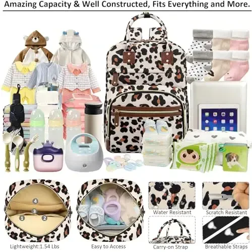 Diaper Bag Backpack Tote for Women Large Capacity, Baby with Insulated Pockets Multifunctional Bags For Girl Boy Waterproof Boys Girls Mama Maternity Travel Leopard - 3