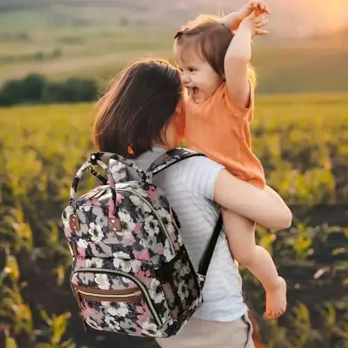 Diaper Bag Backpack Tote for Women Large Capacity, Multifunctional Waterproof Baby Bag with Insulated Pockets For Baby Girl Boy Mama, Maternity Bag Floral Painting - 6
