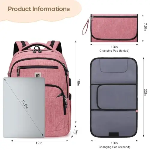 Diaper Bag Ryukzagi, Portativ O'zgartirish Yostig'i, Emzik Tutqichi bilan ko'p funktsiyali chaqaloq sumkasi, USB zaryadlash porti bilan suv o'tkazmaydigan taglik sumkalari, Ona, Ota, yangi tug'ilgan chaqaloq uchun ideal sovg'alar - 6