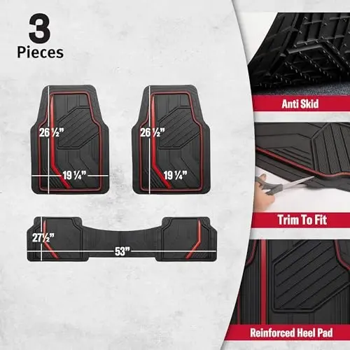 Dickies 3-Piece DuraSport Floor Mats, Heavy-Duty Mats for Cars, Trucks, SUVs — Black/Red - 4