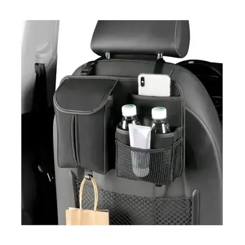 Dickno Car Back Seat Organizer, Multi-Pockets Leather Automotive Organizer with Tissue Box, Durable Hanging Front Seat Storage Box with Hooks, Universal Vehicle Travel Accessories (Black) - 2