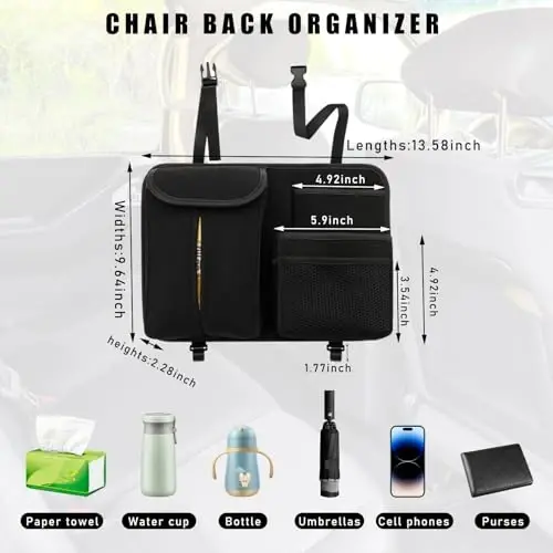 Dickno Car Back Seat Organizer, Multi-Pockets Leather Automotive Organizer with Tissue Box, Durable Hanging Front Seat Storage Box with Hooks, Universal Vehicle Travel Accessories (Black) - 3