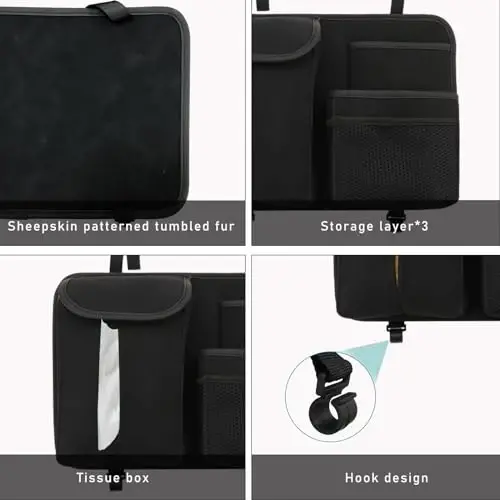 Dickno Car Back Seat Organizer, Multi-Pockets Leather Automotive Organizer with Tissue Box, Durable Hanging Front Seat Storage Box with Hooks, Universal Vehicle Travel Accessories (Black) - 4