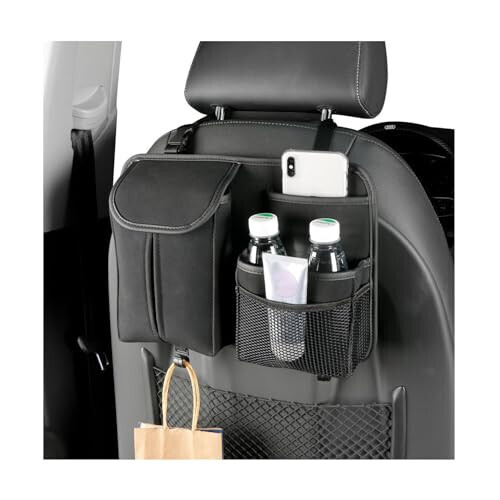 Dickno Car Back Seat Organizer, Multi-Pockets Leather Automotive Organizer with Tissue Box, Durable Hanging Front Seat Storage Box with Hooks, Universal Vehicle Travel Accessories (Black) - Modazone