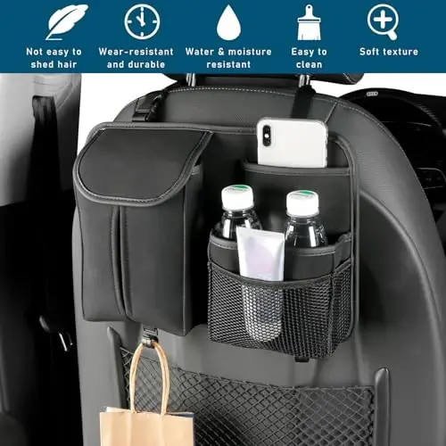Dickno Car Back Seat Organizer, Multi-Pockets Leather Automotive Organizer with Tissue Box, Durable Hanging Front Seat Storage Box with Hooks, Universal Vehicle Travel Accessories (Gray) - 5