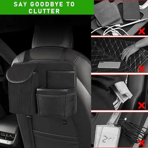 Dickno Car Back Seat Organizer, Multi-Pockets Leather Automotive Organizer with Tissue Box, Durable Hanging Front Seat Storage Box with Hooks, Universal Vehicle Travel Accessories (Gray) - 6