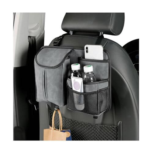 Dickno Car Back Seat Organizer, Multi-Pockets Leather Automotive Organizer with Tissue Box, Durable Hanging Front Seat Storage Box with Hooks, Universal Vehicle Travel Accessories (Gray) - 1