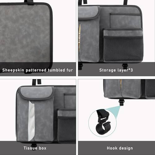 Dickno Car Back Seat Organizer, Multi-Pockets Leather Automotive Organizer with Tissue Box, Durable Hanging Front Seat Storage Box with Hooks, Universal Vehicle Travel Accessories (Gray) - 3