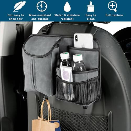 Dickno Car Back Seat Organizer, Multi-Pockets Leather Automotive Organizer with Tissue Box, Durable Hanging Front Seat Storage Box with Hooks, Universal Vehicle Travel Accessories (Gray) - 4