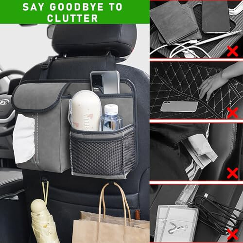 Dickno Car Back Seat Organizer, Multi-Pockets Leather Automotive Organizer with Tissue Box, Durable Hanging Front Seat Storage Box with Hooks, Universal Vehicle Travel Accessories (Gray) - 5