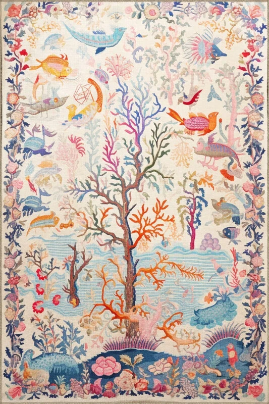 Dido 2 Collection Multicolored Abstract Tree and Bird Patterned Tassel Vintage Decorative Rug 3256 - RUGS MODERN HALI