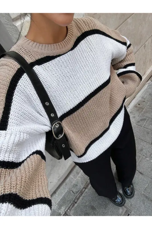 Dier Fashion Women's Striped Oversize Blouse Sweater-Beige - 2