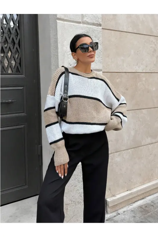 Dier Fashion Women's Striped Oversize Blouse Sweater-Beige - 6