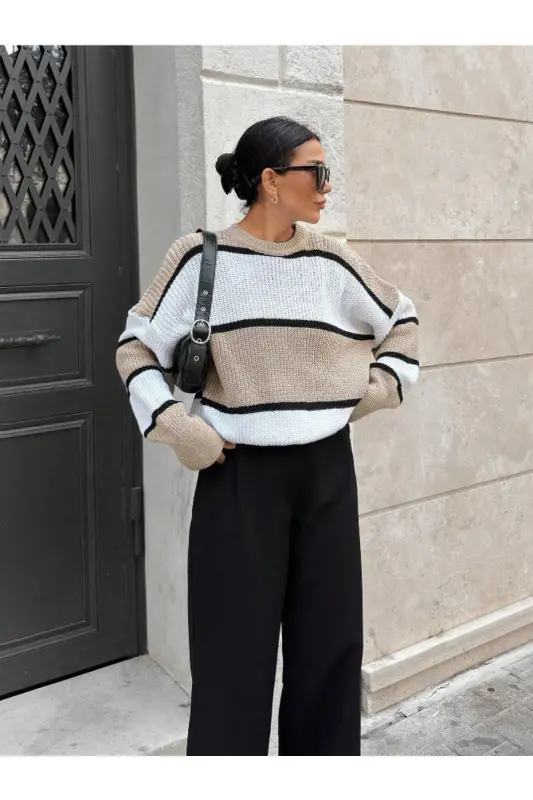 Dier Moda Ayollar Chiziqli Katta O'lchamli Bluz Kozok - Bej - DIER MODA