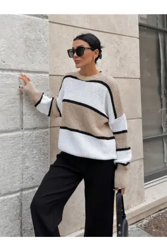 Dier Moda Ayollar Chiziqli Katta O'lchamli Bluz Kozok - Bej - 5