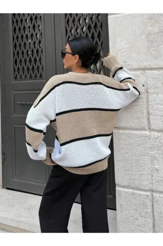Dier Moda Kadın Çizgili Oversize Bluz Kazak - Bej - 3