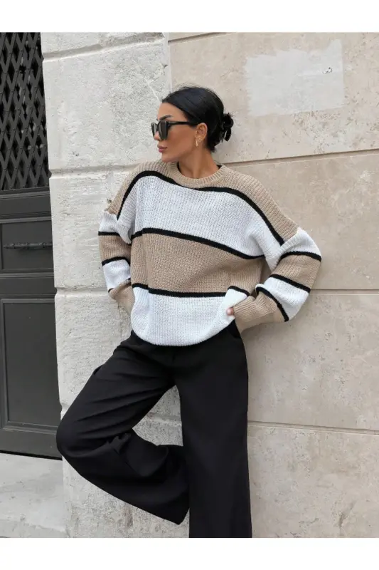 Dier Moda Kadın Çizgili Oversize Bluz Kazak - Bej - 4