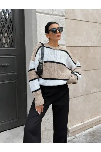 Dier Moda Kadın Çizgili Oversize Bluz Kazak - Bej - 6