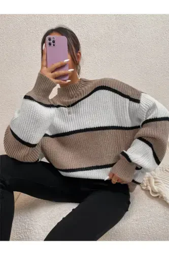 Dier Moda Kadın Çizgili Oversize Kazak-Vizyon - 4