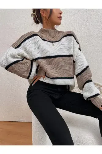 Dier Moda Kadın Çizgili Oversize Kazak-Vizyon - 5