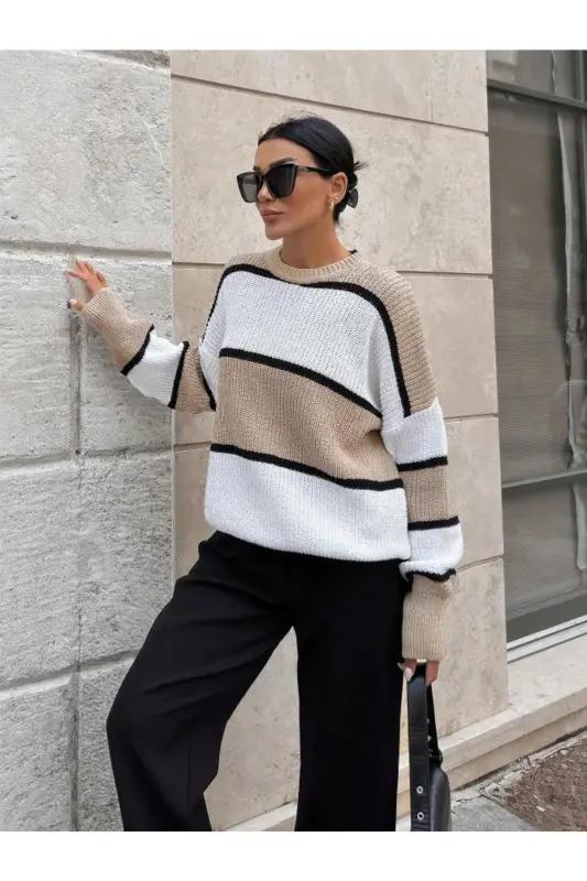 Dier Moda Женская Полосатая Блузка-Свитер Oversize-Бежевый - 5