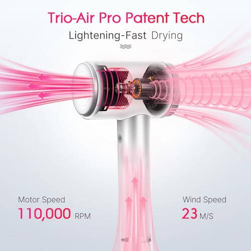 Diffuzorli Soch Quritgich, 1400 Vt Professional Yuqori Tezlikdagi 500 Million Ionli, 110 000 RPM Tez Quritgich, 4 Harorat & 3 Tezlik, 7.22 Ft Simli, Uy va Sayohat Uchun, Oq - 3