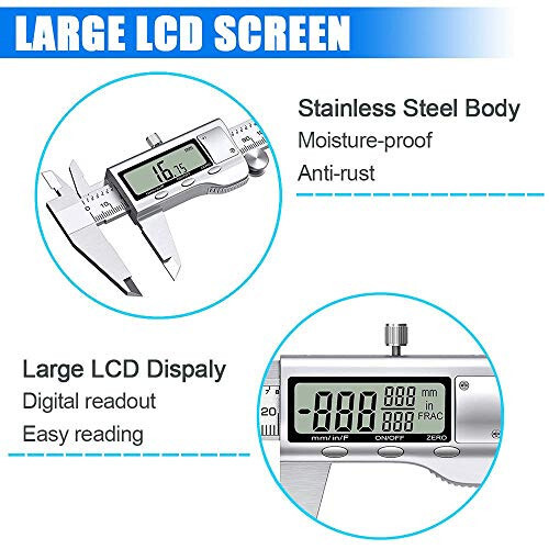 Digital Caliper Measuring Tool, Stainless Steel Vernier Caliper Digital Micrometer with Large LCD Screen, Easy Switch from Inch Metric Fraction, 6 Inch Caliper Tool for DIY/Household - 6