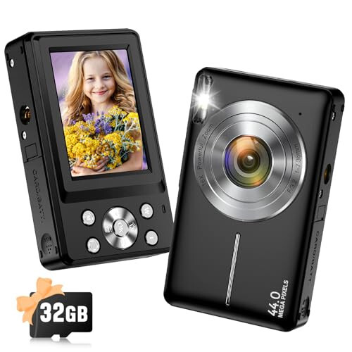 Digital Camera, 2024 Upgraded 1080P 44MP Digital Cameras for Kids, Digital Point and Shoot Camera with 16X Zoom, 32GB SD Card, Time Stamp, Compact Small Travel Camera for Boys Girls Teens, Black - 1