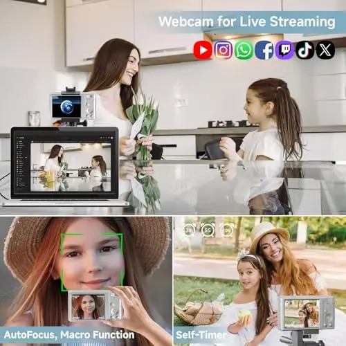 Digital Camera, 2025 4K 44MP Autofocus Digital Cameras for Teens, Silver Point and Shoot Camera for Kids with 16X Zoom, 64GB SD Card, Compact Small for Boys Girls Teens Kids Gift - 4