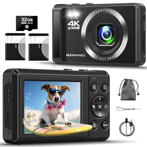 Digital Camera - 4K 44MP UHD Digital Cameras for Photography - Autofocus Point and Shoot Vlogging Camera with 16X Zoom, 32GB SD Card, 2 Batteries - Compact Small Camera for Kids Teens Boys Girls - 1