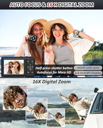 Digital Camera - 4K 44MP UHD Digital Cameras for Photography - Autofocus Point and Shoot Vlogging Camera with 16X Zoom, 32GB SD Card, 2 Batteries - Compact Small Camera for Kids Teens Boys Girls - 3