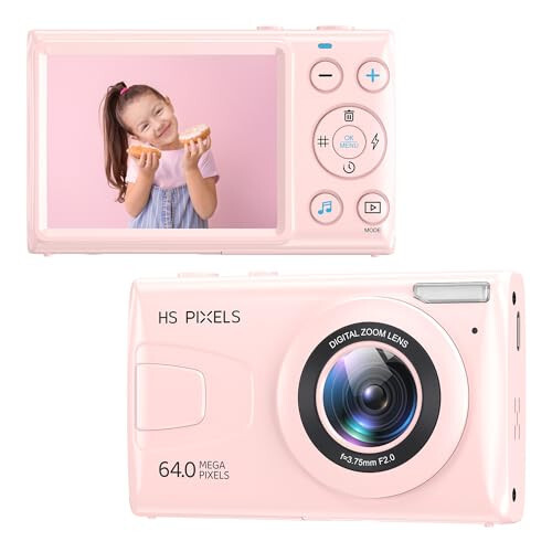 Digital Camera, 4K Kids Camera for Photography, 64MP MP3 Player Vlogging Camera for YouTube, 2.8” IPS Screen, Auto Focus, 18X Zoom, 10 Filters, Point and Shoot Digital Cameras for Kids-Pink - 1