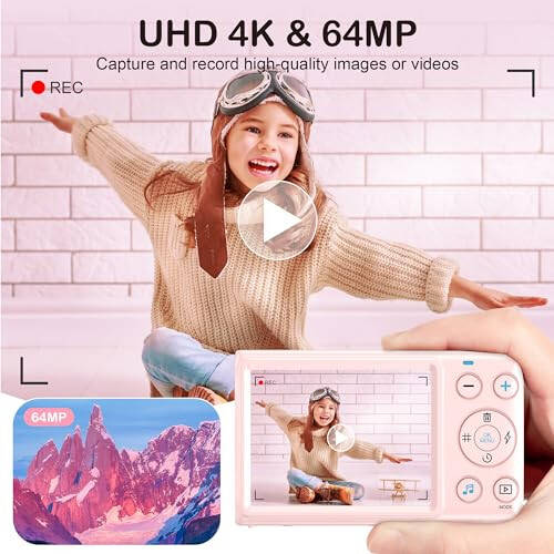 Digital Camera, 4K Kids Camera for Photography, 64MP MP3 Player Vlogging Camera for YouTube, 2.8” IPS Screen, Auto Focus, 18X Zoom, 10 Filters, Point and Shoot Digital Cameras for Kids-Pink - 2