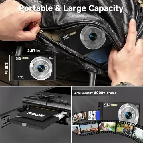 Digital Camera 4K, O'smirlar uchun qora kameralarni yangilash, 16X zumli bolalar uchun avtofokusli raqamli kamera, 64 GB SD karta, o'g'il bolalar, qizlar, o'smirlar, bolalar uchun ixcham kichik kamera sovg'asi - 6