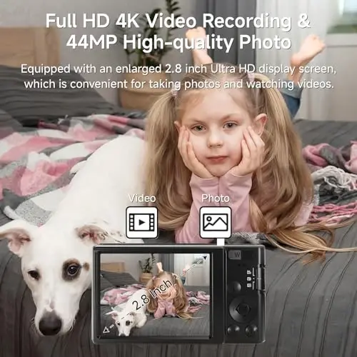 Digital Camera 4K, O'smirlar uchun qora kameralarni yangilash, 16X zumli bolalar uchun avtofokusli raqamli kamera, 64 GB SD karta, o'g'il bolalar, qizlar, o'smirlar, bolalar uchun ixcham kichik kamera sovg'asi - SMARTKLIK (1)