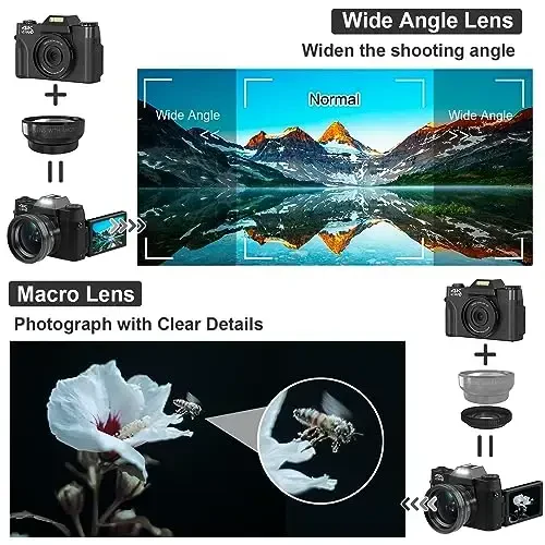 Digital Camera, 4K Vlogging Camera for YouTube 56MP 16X Digital Zoom Manual Focus Students Compact Photography Camera with 52mm Wide-Angle & Macro Lens, 32G TF Card and 2 Batteries(Black) - 6