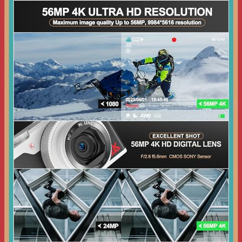 Digital Camera, 56MP Cameras for Photography, 4K Vlogging Camera for YouTube, 180°Flip Screen Digital Point and Shoot Camera with 16X Zoom, Compact Camera for Beginner with 32GB SD Card(2 Batteries) - 2