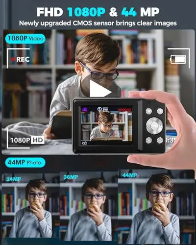 Digital Camera, FHD 1080P 44MP Kids Camera with 32GB Card,Compact Vlogging Camera for Photography,Point and Shoot Camera 16X Zoom Anti Shake Portable Small Travel Camera for Teens Girls Boys Kids - 3