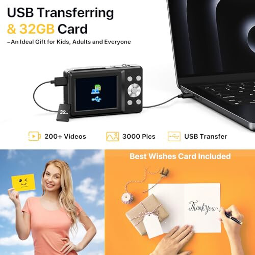 Digital Camera, FHD 1080P Digital Camera for Kids with 32GB SD Card Compact Point and Shoot Camera 16X Zoom Anti Shake Portable Cameras Small Camera for Teens Boys Girls Seniors with Best Wishes Card - 3