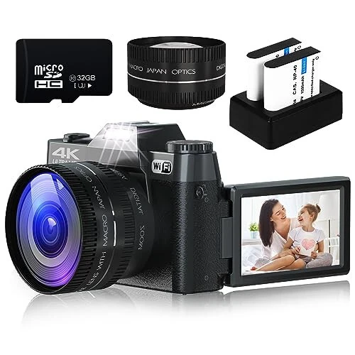 Digital Camera for Photography, 4K 48MP Vlogging Camera for YouTube with WiFi, 3-inch 180-degree Flip Screen, 16X Digital Zoom, 52mm Wide Angle & Macro Lens, 32GB TF Card and 2 Batteries(Black) - 6