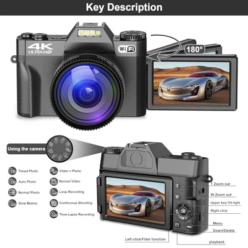 Digital Camera for Photography, 4K 48MP Vlogging Camera for YouTube with WiFi, 3-inch 180-degree Flip Screen, 16X Digital Zoom, 52mm Wide Angle & Macro Lens, 32GB TF Card and 2 Batteries(Black) - 7