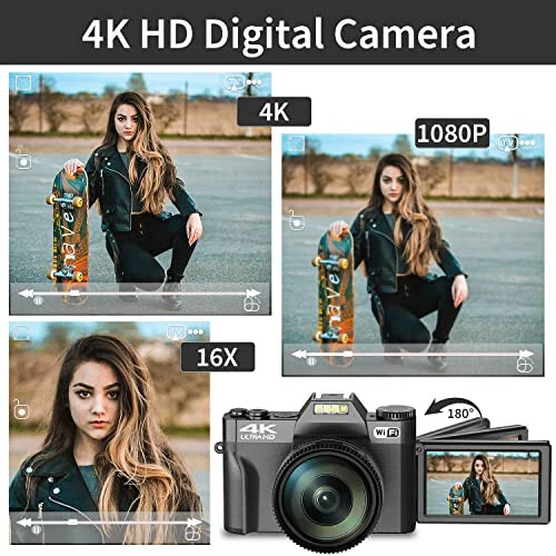 Digital Camera for Photography, 4K 48MP Vlogging Camera for YouTube with WiFi, 3-inch 180-degree Flip Screen, 16X Digital Zoom, 52mm Wide Angle & Macro Lens, 32GB TF Card and 2 Batteries(Black) - 8