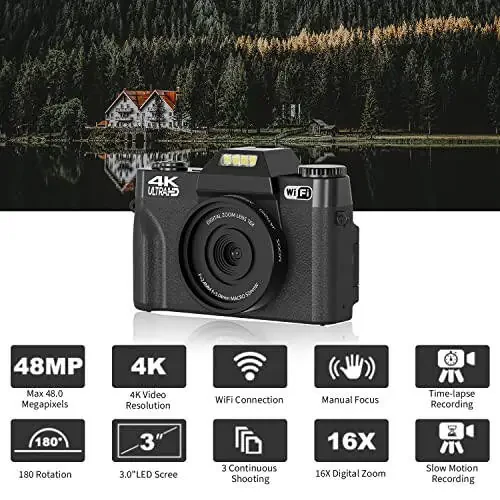 Digital Camera for Photography, 4K 48MP Vlogging Camera for YouTube with WiFi, 3-inch 180-degree Flip Screen, 16X Digital Zoom, 52mm Wide Angle & Macro Lens, 32GB TF Card and 2 Batteries(Black) - 12