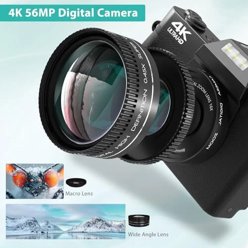 Digital Camera for Photography, 4K 48MP Vlogging Camera for YouTube with WiFi, 3-inch 180-degree Flip Screen, 16X Digital Zoom, 52mm Wide Angle & Macro Lens, 32GB TF Card and 2 Batteries(Black) - 4