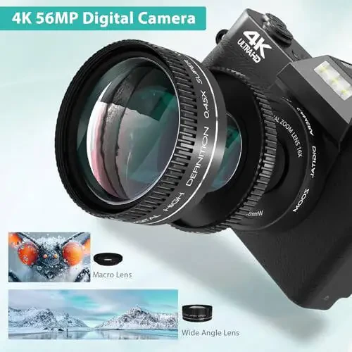 Digital Camera for Photography, 4K 48MP Vlogging Camera for YouTube with WiFi, 3-inch 180-degree Flip Screen, 16X Digital Zoom, 52mm Wide Angle & Macro Lens, 32GB TF Card and 2 Batteries(Black) - 4
