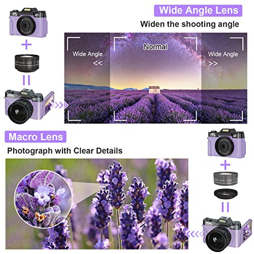 Digital Camera for Photography, 4K 48MP Vlogging Camera for YouTube with WiFi, 3-inch 180-degree Flip Screen, 16X Digital Zoom, 52mm Wide Angle & Macro Lens, 32GB TF Card and 2 Batteries(Purple) - 8