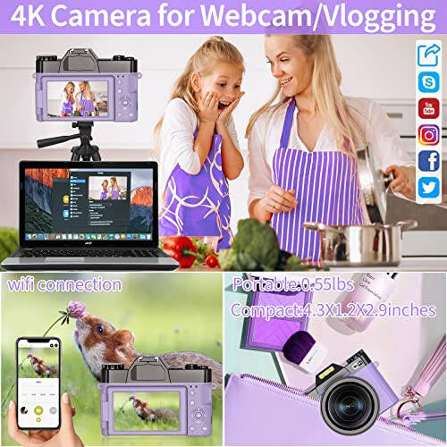 Digital Camera for Photography, 4K 48MP Vlogging Camera for YouTube with WiFi, 3-inch 180-degree Flip Screen, 16X Digital Zoom, 52mm Wide Angle & Macro Lens, 32GB TF Card and 2 Batteries(Purple) - 9